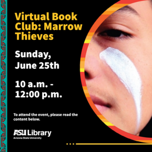 Labriola Flier on Virtual Book Club "Marrow Thieves" by Cherie Dimaline with photo of book cover, date, and time