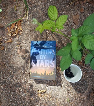 Photo of Hunting by Stars book on the ground with a cup of wild Blackberries.