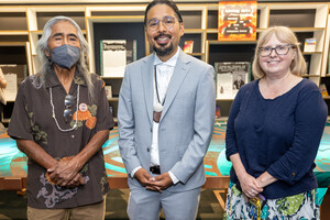 From left to right, photo of Author Simon Ortiz, Director Alex Soto, and Unit Head and Librarian Joyce Martin