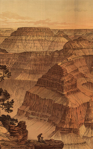 In an illustration published in 1882, two men gaze at a sweeping, panoramic view of the vast Grand Canyon in rich spectrum of beige, orange, and brown.