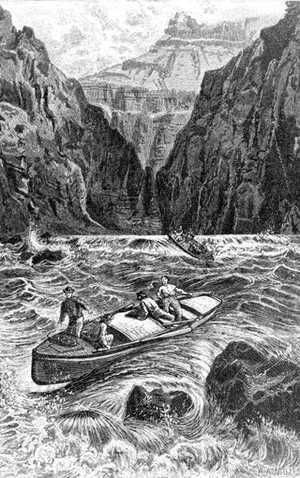 Drawing of Powell and his party running rapids in the canyon.