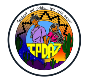 IPDAZ 2022 logo. Artwork by Taylor, a Tohono O’odham artist. A male and female Indigenous figure bordered by a basket with the words IPDAZ between them.