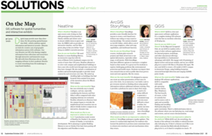 A screenshot of a magazine page showcasing three separate geospatial librarians.