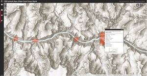 A screenshot of the Rapids Application showing three of the ten total red rectangles that represent the rapids along the Colorado River within the Grand Canyon. Black and white topography that visualizes the stunning canyon walls and landscapes are seen, with the blue of the Colorado River running left to right in the center of the image.