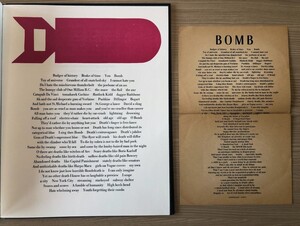 A side by side of Simon Reddington’s Bomb and Gregory Corso’s “Bomb.” Whereas the artist’s book (left), breaks up “Bomb” by page, the concrete poem (right) focuses more on the shape. 