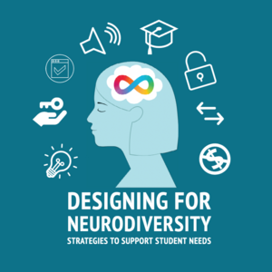 “Designing for Neurodiversity Strategies to support student needs” is the text over an image of a person’s head with a rainbow infinity symbol where their brain would be. The image is surrounded with symbols for accessibility, open access, free, and education.