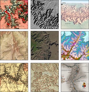 A three by three set of square tiles of various extracts of existing maps of the Grand Canyon.
