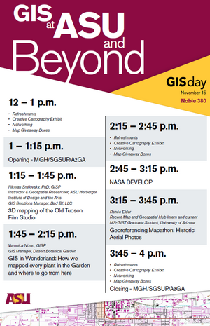 Image of schedule for GIS Day. To see details, see pdf below or text schedule below.