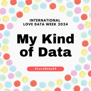 International Love Data Week 2024 theme My Kind of Data #LoveData24 surrounded by multi-colored polkadots
