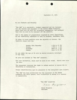 A memo dated 1971 describing the purpose and hours of "The PUB".