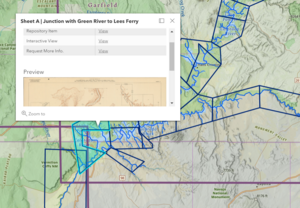 Sample screenshot of a popup box associated with the spatial index of the Plans and Profiles of the Colorado River map collection, depicting different access options.