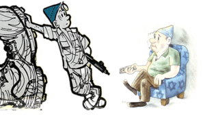 "Srulink" by caricaturist Dosh (Kariel Gardosh), representing the young State of Israel after overcoming and winning the Six Day War (1967), next to a 1998 parody by comic artist Dudu Geva, showing "Srulik" as a tired, middle-aged man watching TV