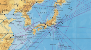 Map of Japan and the east asian coastline showing navigational routes for shipping