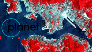 False color image of Victoria Harbour, Hong Kong, with the Planet Labs Inc. logo superimposed