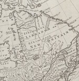 Eastern Canada magnified to show a mix of French and English names and new British claims on the region