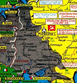 Zoomed in selection of the map focused on Eastern Europe. Shows the furthest extent of the german advance, which nearly reached moscow in 1941. The current battle line is dated to July 26th, 1944, and has reached Poland and the Baltic States. 