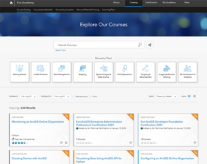 A Screenshot showing various training courses in Esri's course catalog.