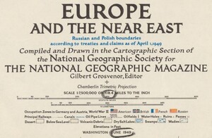Europe and the Near East map title card and legend magnified to show scale, publisher, and map key