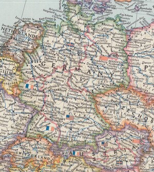 Germany and Austria magnified to show zones and borders of Allied force occupation
