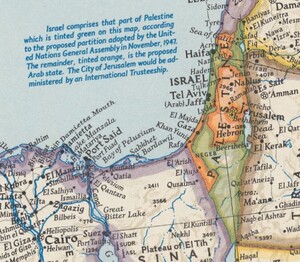 Israeli and Palestinian states magnified to show original borders and note explaining how the borders are denoted with different colors