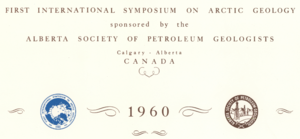 Magnification of the map title, “First International Symposium on Arctic Geology sponsored by the Alberta Society of Petroleum Geologists, Calgary-Alberta, Canada, 1960”, followed by two emblems of the Alberta Society of Petroleum Geologists and the First International Symposium of Arctic Geology