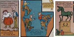 3 comic squares magnified to show caricatures of tourists unimpressed by the Colorado River, riding mules down steep cliffs, and a statue honoring the mules as the “Canyon’s unsung heroes”