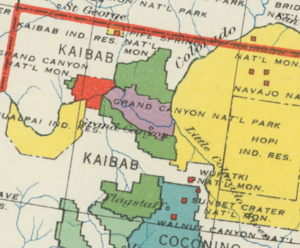 Zoom of map showing how the Grand Canyon National park existed in 1934 as two distinct entities; left side is a national monument, while right is the park.