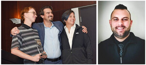 Two side-by-side images showcasing the full Map and Geospatial Hub team who were awarded the President’s Award for Innovation. In the left image is Eric Friesenhahn, Matthew Toro, and Jill Sherwood smiling as they hold the trophy. The photo on the right is a portrait shot of Robert Cowling.