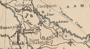 Southeast of Baghdad along Tigris and Euphrates Rivers magnified to show three historic cities and ruins amidst contemporary cities and towns