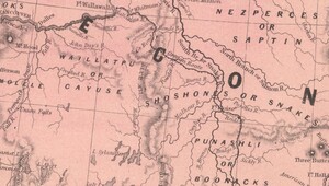 Southern Oregon Territory magnified to show several Indigenous groups labeled throughout the region, including the Shoshone, Cayuse, and Nez Perce