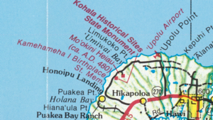 A portion of the map showing the northernmost portion of the island, Kohala, centered on Kamehameha I’s birthplace, with Mo’okini Heiau and Hīkapoloa shown as well.