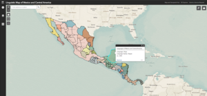 Screen grab of Linguistic Map of Mexico and Central America with pop-up box showing language and language family