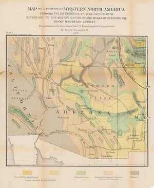 Historic map of Arizona and parts of California, Nevada, Utah, Colorado, and New Mexico displaying vegetation types and which areas are at risk for breeding of the Rocky Mountain locust.