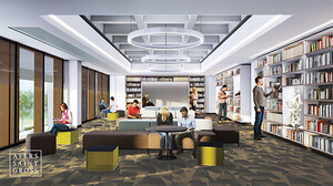 Architect render of a space in the new Hayden library. Students study at tables in front of large windows with bookshelves along the walls.