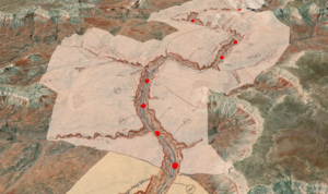 Survey sheets overlaid upon modern imagery and modern Colorado River mile markers depicted as red spheres.