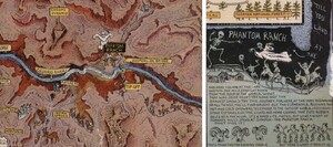 Magnified images showing the illustration of a ghost next to the Phantom Ranch camp and an informational inset of dancing skeletons that describes the rustic features of the camp