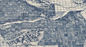  The Phoenix Valley. South Mountain is prominent, and Camelback can be seen at the top center. Canals are labeled, as are Tempe, Mesa, Chandler, Gilbert, Glendale, Scottsdale, Laveen, and Phoenix