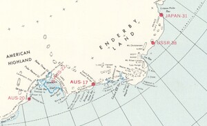 Enderby Land region magnified to show 5 stations from Japan, the U.S.S.R., and Australia