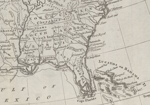 Southern colonies magnified to show North Carolina, South Carolina and Georgia with elongated territories and neighboring Spanish-owned East and West Florida