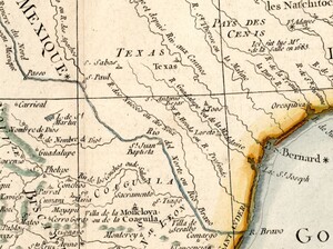 Land of modern-day Texas and bordering Mexican states magnified to show Rio Grande and other rivers, towns, and other markers