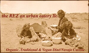 Banner of the Rez an urban eatery with a sepia photo of a matriarch Navajo woman making traditional food with two Navajo children