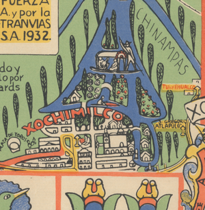 In the image above, we see a magnified portion of the bottom right portion of the map that highlights one of the most important sites in Mexico City: Xochimilco.