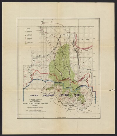 Printed color map of the Kaibab National Forest showing the entire Grand Canyon National Park within the forest boundaries.