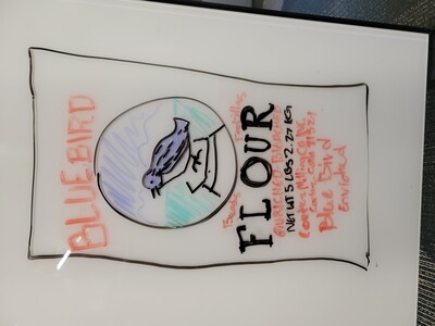 Drawing of Blue Bird Flour sack on white board 