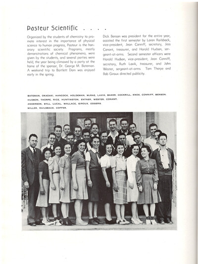  Image of Connie Okazaki in the Pasteur Society student club photograph from the 1941 Arizona State Teachers College Sahuaro Yearbook. University Archives, ASU Library.