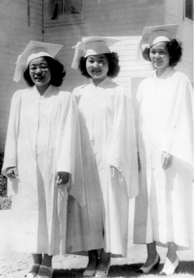 Caption: Image of female Japanese-American high school graduates at the Gila River War Relocation Center, 1945. CP SPC 8, Greater Arizona collection, ASU Library.