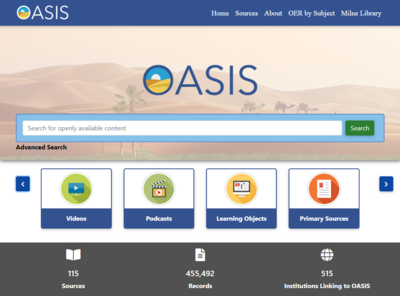 Screenshot of OASIS home page, an online OER database