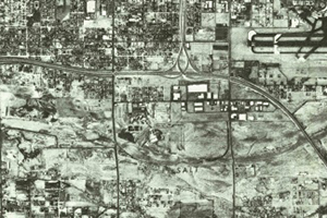 An aerial photograph from the 1970's covering the western portion of Sky Harbor and I-10