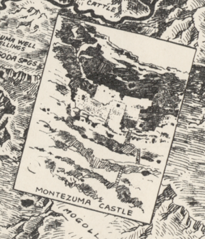 A drawing on the map of montezuma castle, a cliff dwelling located in Camp Verde, Arizona, which was built by the Sinagua people, a pre-columbian people descended from the Hohokam