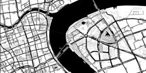 A portion of a street map of Shanghai centered on the Huangpu River. The river and streets are in black, while the rest is white.